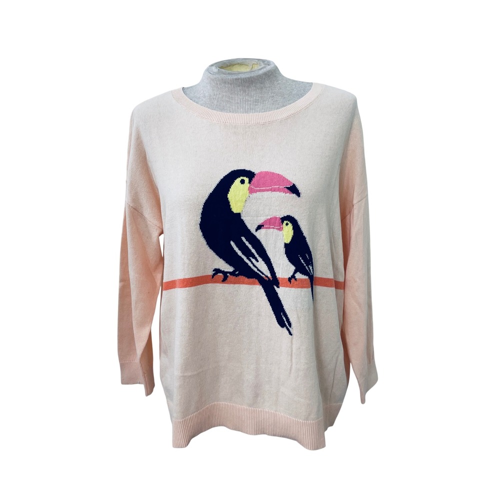 LOFT Peach Toucan Bird Graphic Cotton Knit Sweater Women's Medium NEW